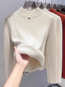 WANGGONGZHU | Womens Fleece Lined Thickened Half High Collar Knitted Base Shirt Autumn Winter Inner Wear Simple Overhead Sweater Princess Style