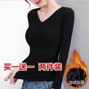 Warm Fleece Lined Long Sleeve Womens Thermal Underwear T-Shirt Slim Fit Base Layer Shirt Black Korean Style round Neck Top
