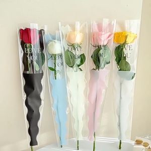【50pcs】Transparent Plastic Gift Packaging Bag Bouquet Bag Wavy Edge Design Valentines Day Single Flower Rose Packaging