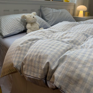 Nordic Style Small Grids Washed Cotton Duvet Cover Sheet Student Three-Piece Four-Piece Bedding Set Warm Quilt Coverlet