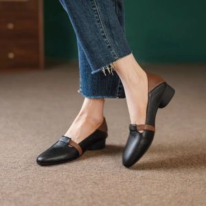 Genuine Leather Chunky Heel Single Shoes Soft Bottom Soft Surface Autumn Versatile Color Block Mango Head Medium Heel Comfortable Womens Shoes