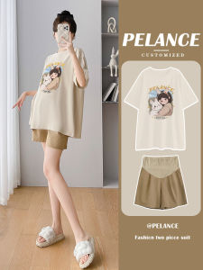 Maternity Summer Short Sleeve T-Shirt Set round Neck Non-Pregnant Look Casual Loose Slimming Shorts Two-Piece Set Cotton 100%