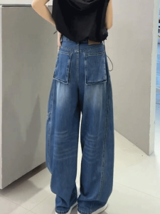 American Washed Wide Leg Jeans Womens Summer 2024 Cucumber Pants Slimming Knife Edge Banana Pants Scythe Long Pants Trendy