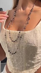 Ingemark Ethnic Flower Crystal Beads Long Chain Necklace for Women 2026 New Trend Simple Metal Neck Sweater Jewelry Accessories