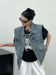 Blue Padded Shoulder Denim Vest Womens Spring 2025 New Style Slim Fit Stand Collar Jacket Coat Trendy Outerwear Cotton Blend