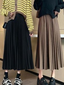 Black High Waist A-Line Pleated Skirt Womens Mid-Length Slimming Half Body Skirt Korean Style Autumn Winter New Arrival