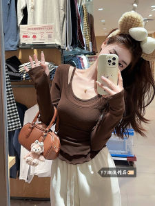 Áo Thun Nữ Dài Tay Thời Trang Thu Đông Sang Trọng Lịch Sự Splice Crop Top Áo Thun Nữ Dáng Ôm Vừa Vặn Gợi Cảm Có Dây Đeo Cổ Cao