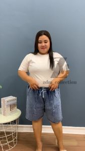 Celana Pendek Wanita 3/4 | Super Jumbo | Sobek | Snow Blue/ Black-LightBlue/Blue | ALL-SIZE Muat 8L (5L-8L)