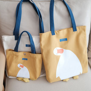 Adorable Large Canvas Duckling Tote Bag: Cute Cartoon Animation Pattern Soft Shoulder Satchel with Zipper Pocket for Casual Use