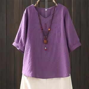 Áo Thun Cotton Lụa Thêu Cổ Chữ V Tay Lửng Mùa Hè Mới Cho Nữ Dáng Rộng Thoải Mái Thanh Lịch Thời Trang Chất Liệu Cotton 90%