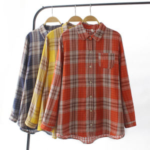 Double-Layer Cotton Yarn Shirt Womens Pocket Casual Large Size Long-Sleeved Shirt Loose Artistic Plaid Autumn New Single-Wear Top
