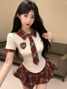 GUZILIAN | Summer New College Style Womens Set Polo Collar Short Sleeve T-Shirt JK Bow Tie Top High Waist Plaid Mini Skirt Outfit