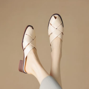 Ultra Comfortable Real Leather Flat Heel Mules Womens Summer Open Toe Woven Lazy Shoes Korean Style Casual Slip-On Sandals