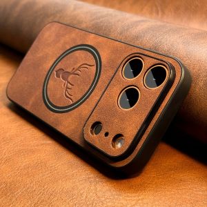 Deer Head Leather Magnetic Case for IPhone Air 17 16 E 15 13 12 11 Pro Max 14 Plus 16E 17E I Phone Magsafe Mac Safe Bumper Cover