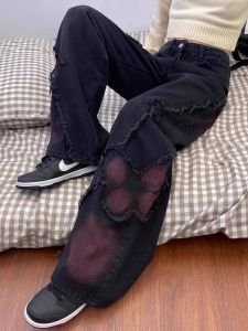 Cool Sweet Style High Waist Wide Leg Denim Jeans Womens Autumn Washed Vintage Butterfly Pattern Design Trendy Loose Fit Jeans