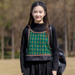 Autumn Winter Short Spliced Grid Pattern Sleeveless Womens Vest Ethnic Style Fashion Commute round Neck Print Other Material