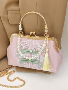 New Chinese Style Pearl Handbag Womens Summer 2025 Crossbody Shell Bag Embroidered Chain Commuter Bag Soft Fabric Pure Color