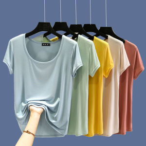 Modale Womens Short Sleeve T-shirt round Neck U-Neck Base Shirt Inner Wear Thin Summer Top Pure Color Simple Design