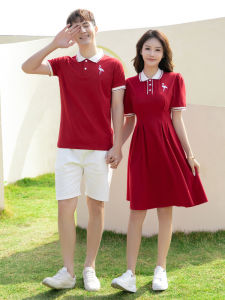 ชุดคู่รักฤดูร้อนสำหรับงานแต่งงานและงานปีใหม่ ชุดกระโปรงสั้นแขนสั้นคอโปโลลายสัตว์ ชุดกระโปรงทรงเอเอวกลาง