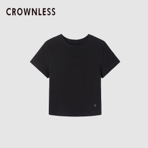 Crownless Skin-friendly Combed Cotton Blend round Neck Short Sleeve T-shirt Womens New Summer Logo Decoration Label Casual Style Slim Fit