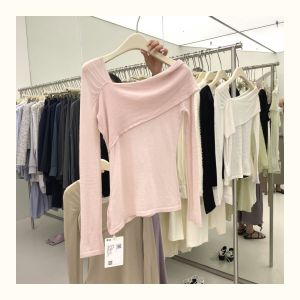 Áo Len Dệt Kim Cổ Chéo Không Đều Phong Cách Hàn Quốc Mùa Thu 2022 Áo Sơ Mi Cơ Bản Thiết Kế Nhỏ Gọn Cho Nữ