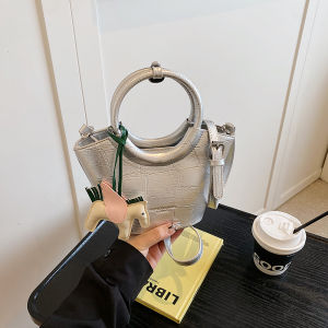 Silver Bucket Handbag Womens Commuter Tote Bag Luxury Minimalist Style Summer Crossbody Bag Soft Polyester Lining Zipper Closure