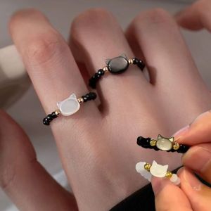 1/2 chiếc nhẫn đeo tay đính cườm đá màu ánh trăng cho cặp đôi nhẫn hình mèo trắng đen cho cặp đôi phụ kiện trang sức tiệc Mèo hoạt hình dễ thương