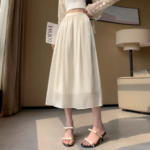 กระโปรงทรงเอเอวสูงผ้าโปร่งฤดูร้อน กระโปรงทรงกระโปรงบิดขึ้น กระโปรงยาวปานกลาง ทรงหลวม สีพื้น เดรสยาวแฟชั่นสำหรับทำงาน