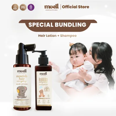 2BOTOL Moell Hair Lotion dan Shampoo Paket Khusus untuk Rambut Bayi dengan Atribut Nourishing dan Bubbles.