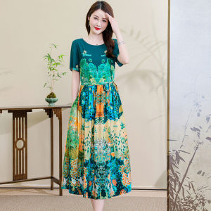 Elegant Midlife Mom Shanghai High Cotton Silk Dress New Summer Fashionable Long Skirt Chinese Style Print A-Line Midi Dress