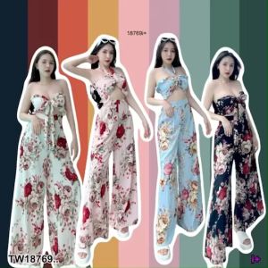 ชิ้น เสื้อเกาะอก แต่งผูกโบว์ กางเกงขายาว 2 ชิ้น