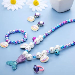 2/5PCs Resin Mermaid Shell Pearl Necklace Pendant Earrings Ring Set Mermaid Accessories Jewelry