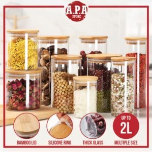 APA Round Thick Glass Cookies Bamboo Lid Jar Food Storage Container Airtight Seasoning Spices Kitchen Organizer Balang Bekas Kaca 玻璃罐