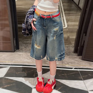 XIANGHOUMINCHU | Retro Blue Ripped Mid-length Shorts