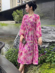 Summer New Fashion Floral Print Dress Womens Drawstring Waist Slimming Beach Skirt High Waist A-Line Midi Dress V-Neck Long Sleeve