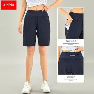 Quick-Drying Running Shorts Womens Elastic Breathable Zipper Pocket Fifth Pants Casual Sports Fitness Yoga Sweat-Wicking Middle Pants