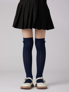Kids Pure Cotton White Stockings Spring and Autumn Thin Girl Dark Blue Socks Student Kindergarten Navy Blue Long Socks