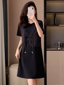 Summer Loose Fit Vintage Chinese Style Short Sleeve Dress Womens Mid-Length Casual T-Shirt Dress Age-Defying plus Size