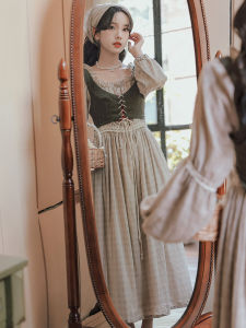 Long Sleeve Cotton Linen Dress with Princess Cut Midi Length Pure Color Patchwork Design for Autumn Season Lolita Style