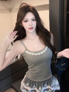 GUZILIAN | Grey Lace Trim Tank Top Womens Layering Spring New Style Plaid Skirt Vest Under Shirt Upper Body Commute Style Korean Version