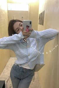 Gentle Korean Style Baby Blue Womens Knitted Short Sweater Cardigan 2024 New Twist Yarn Open Front Coat Jacket