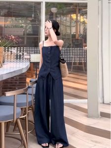 French Elegant Strap Denim Vest Set Women Summer Vintage Casual Wide Leg Pants Two Piece Trendy Outfit