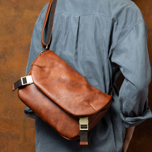 Leather Crossbody Bag Mens Vintage Casual Commuter Style Single Shoulder Bag Street Trend Street Fashion Tanned Cowhide