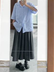 กระโปรงทรงเอเอวสูงสีเทา กระโปรงทรงเอยาวปานกลางสำหรับผู้หญิงไซส์ใหญ่ สไตล์เกาหลี กระโปรงทรงเอเข้ารูปเอวสูง