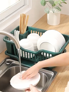 Kitchen Dish Drainer Rack Large Capacity Dish Rack with Drainboard Plastic Drain Tray for Spoon Bowl