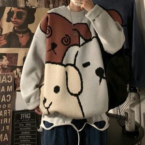 Mens Autumn Winter New Style Knit Sweater with Cartoon Round Neck and Animal Print Cardigan Thickened for Warmth Casual Scenario