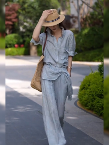 DANTING | Loose Fitting Blue Polo Shirt and Wide Leg Pants Female Set