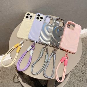 【New】3D Love Pattern Light Oil Shining Pink Solid TPU Phone Case with Lanyard For iPhone 11 12 13 14 15 Series