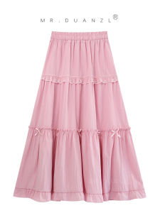 Korean Style High Waist A-Line Midi Skirt with Sash Pure Color Spring Summer New Womens Dress with Lining Butterfly Knot