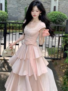ManFeiDu French Initial Sweet Pink Dress Women Summer Irregular Waist Cinched Princess Cake Skirt High Waist Princess Style